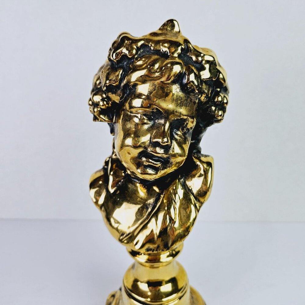 Vtg Shiney Gold Painted Cherub Baby Face Blue Felt Bottom Mini Bust Statue, 10" - Picture 2 of 8